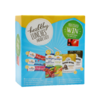 Hero photo on transparent background of blue and yellow box of sunrype snack and juice products