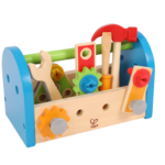 Product photo on transparent background of child wooden tool box in blue, red, green and yellow