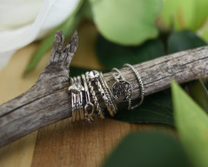 silver rings on branch with leaves jewelry tabletop product photograph