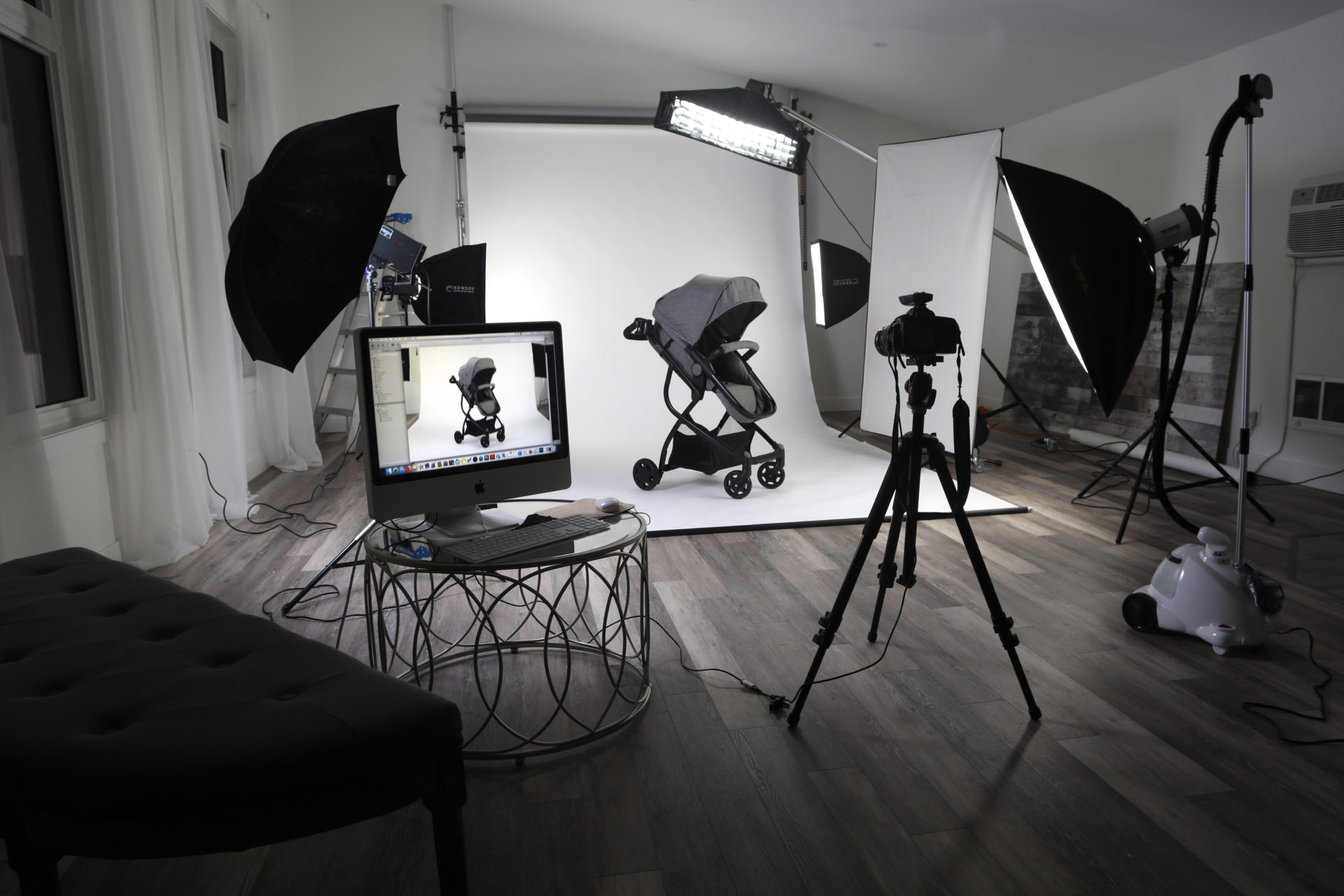 black and white photo of photography studio with lights and photograph equipment, professional online product photography