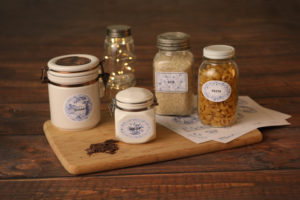 Mini Lifestyle photo of custom food and jar labels wood tabletop product photograph
