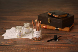 mini lifestyle photo of custom office labels wooden tabletop product photograph