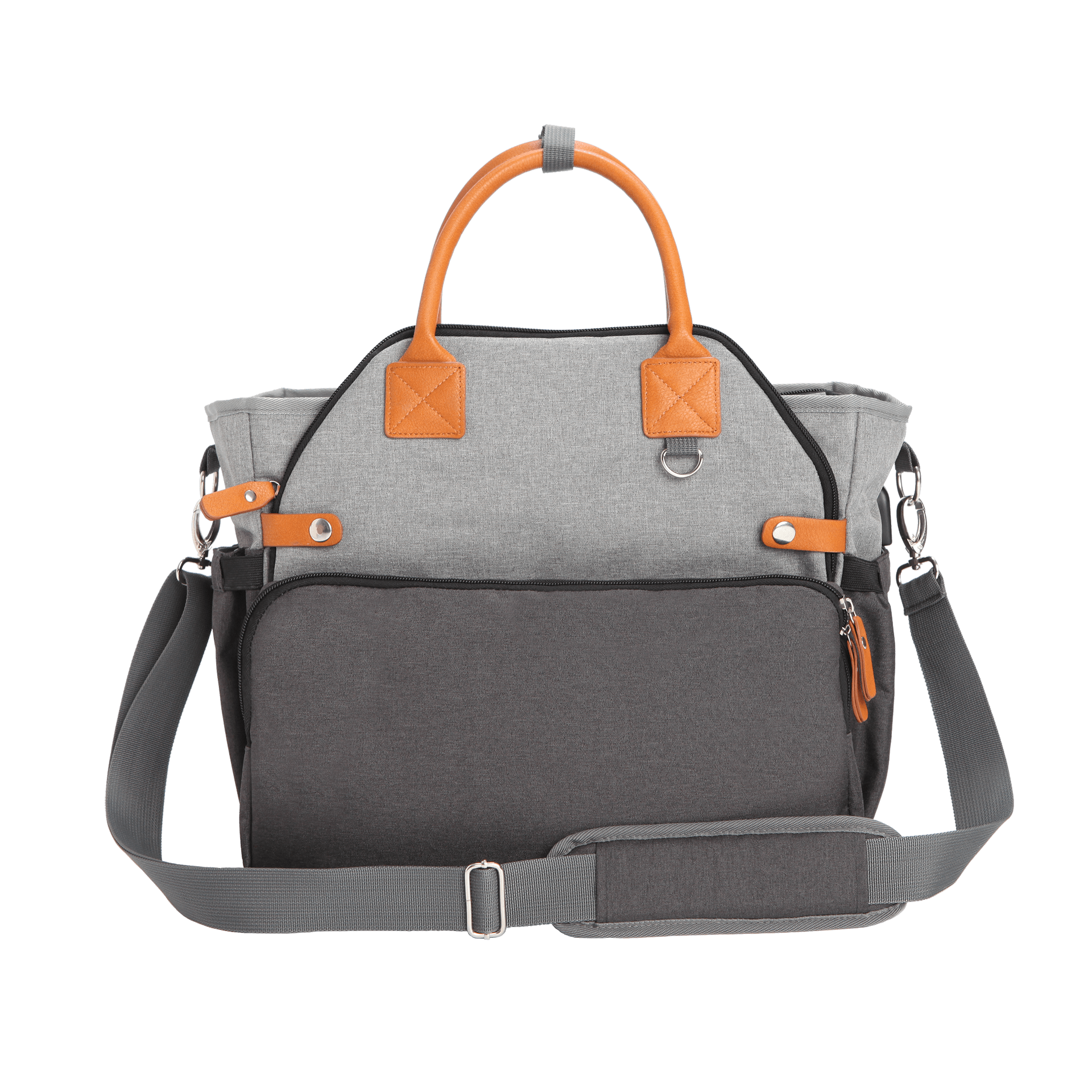 Hero product photo of a grey diaper bag with orange handles on a transparent background