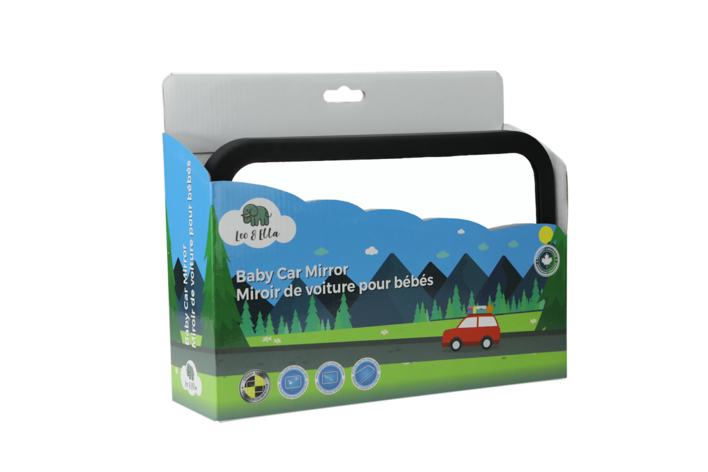 Packaging product photo on transparent background of baby car mirror in blue and green box