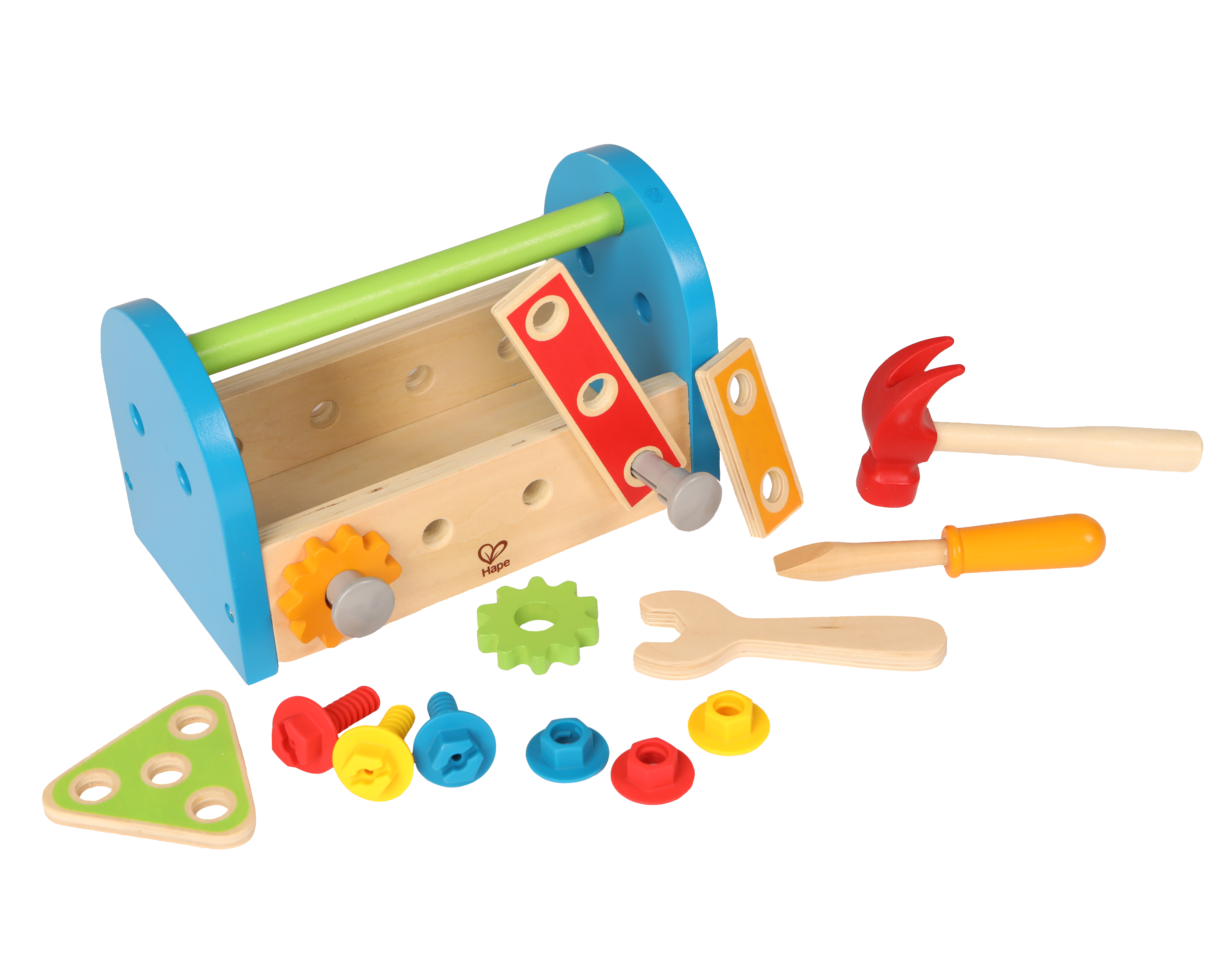 Product photo on transparent background of child wooden tool box in blue, red, green and yellow with toys spread out